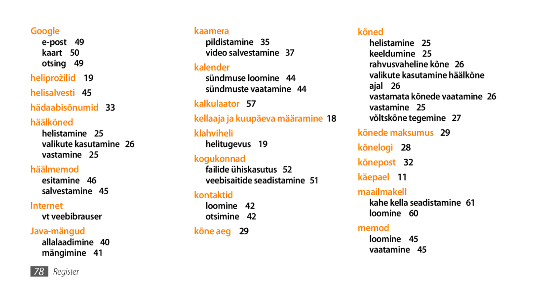 Samsung GT-S3370HSESEB, GT-S3370LSESEB manual Valikute kasutamine 26 vastamine , Sündmuste vaatamine 44 kalkulaator  